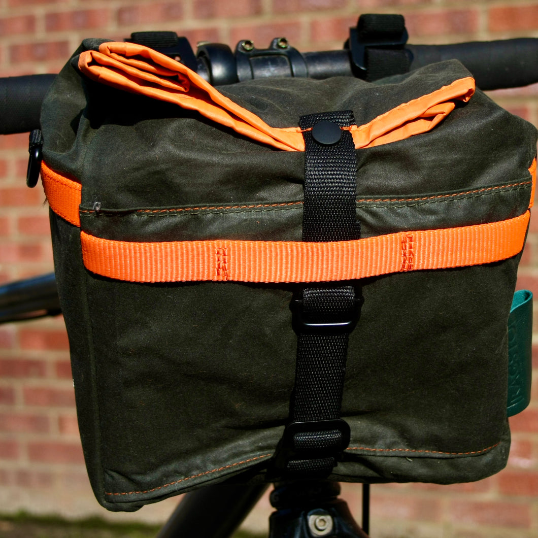 Cycling Handlebar Bag in Green Waxed Canvas & Orange