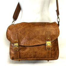 Load image into Gallery viewer, Distressed tan satchel with Antique map lining