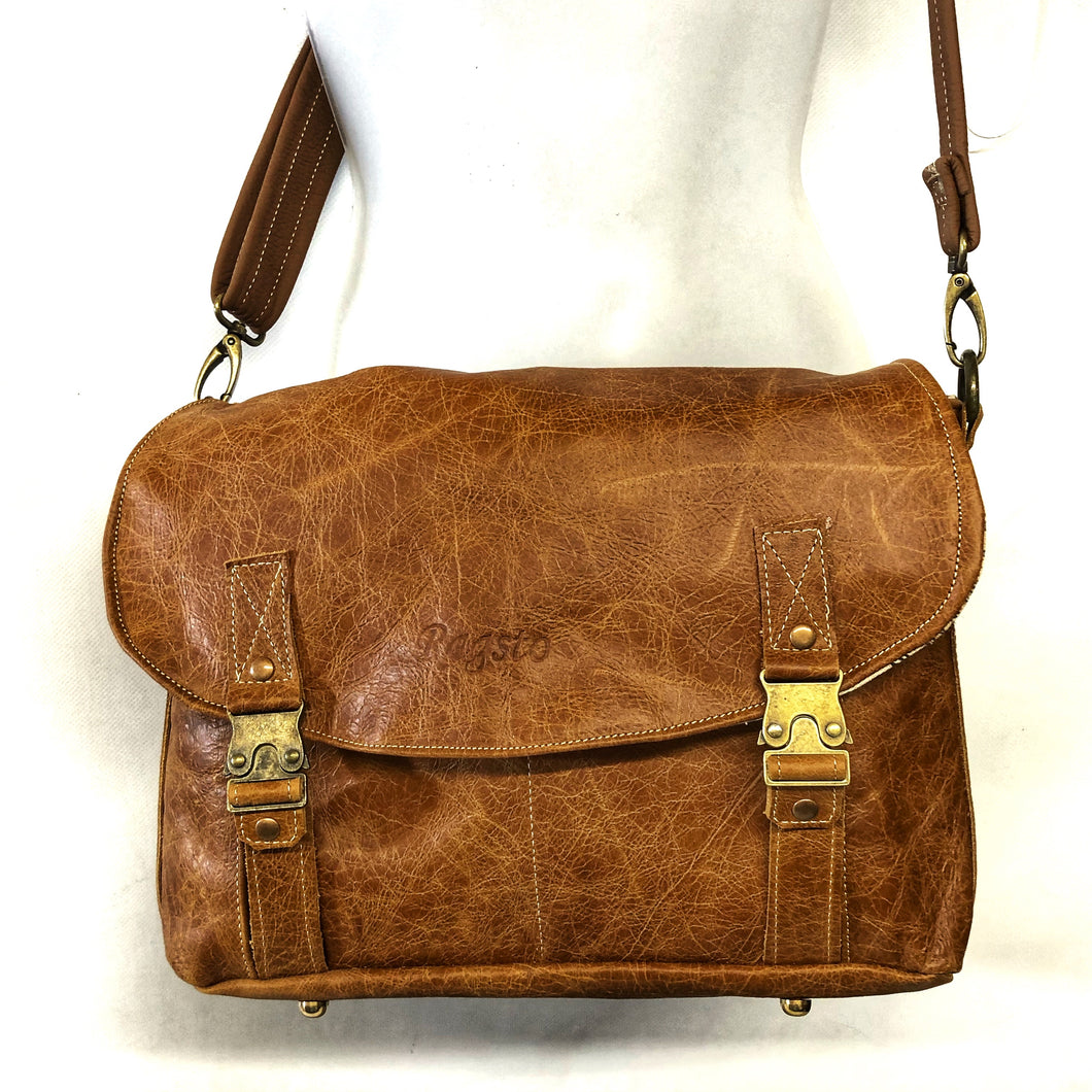 Distressed tan satchel with Antique map lining