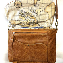 Load image into Gallery viewer, Distressed tan satchel with Antique map lining