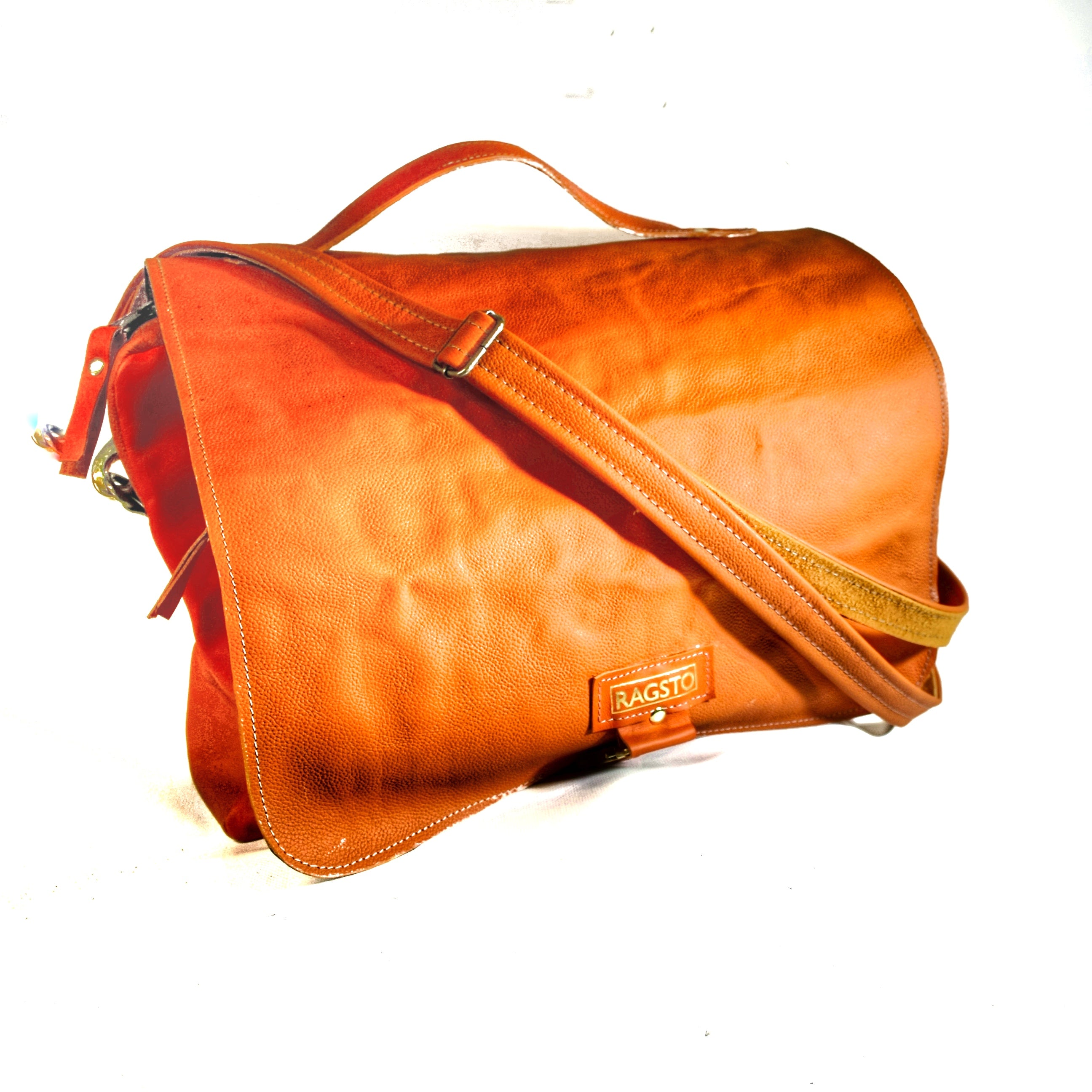 Two Tone Bright Orange Leather Messenger Bag Ragsto Bags