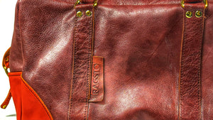 Vibrant Orange & Distressed brown Leather Holdall - small