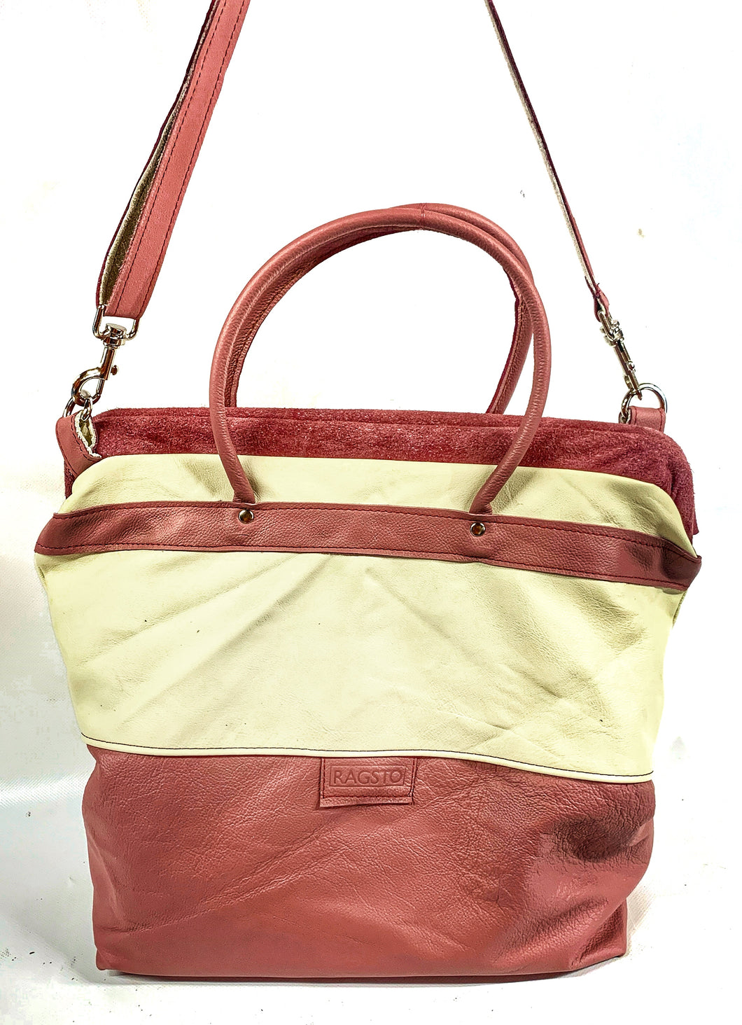 Dusky Pink & Cream leather Mary Poppins style Gladstone Bag