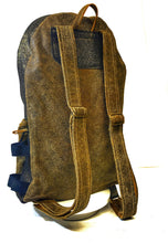 Load image into Gallery viewer, Handmade Gold, Tan &amp; Black Leather &amp; Fabric Backpack
